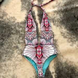 Low-cut tribal one piece swimsuit